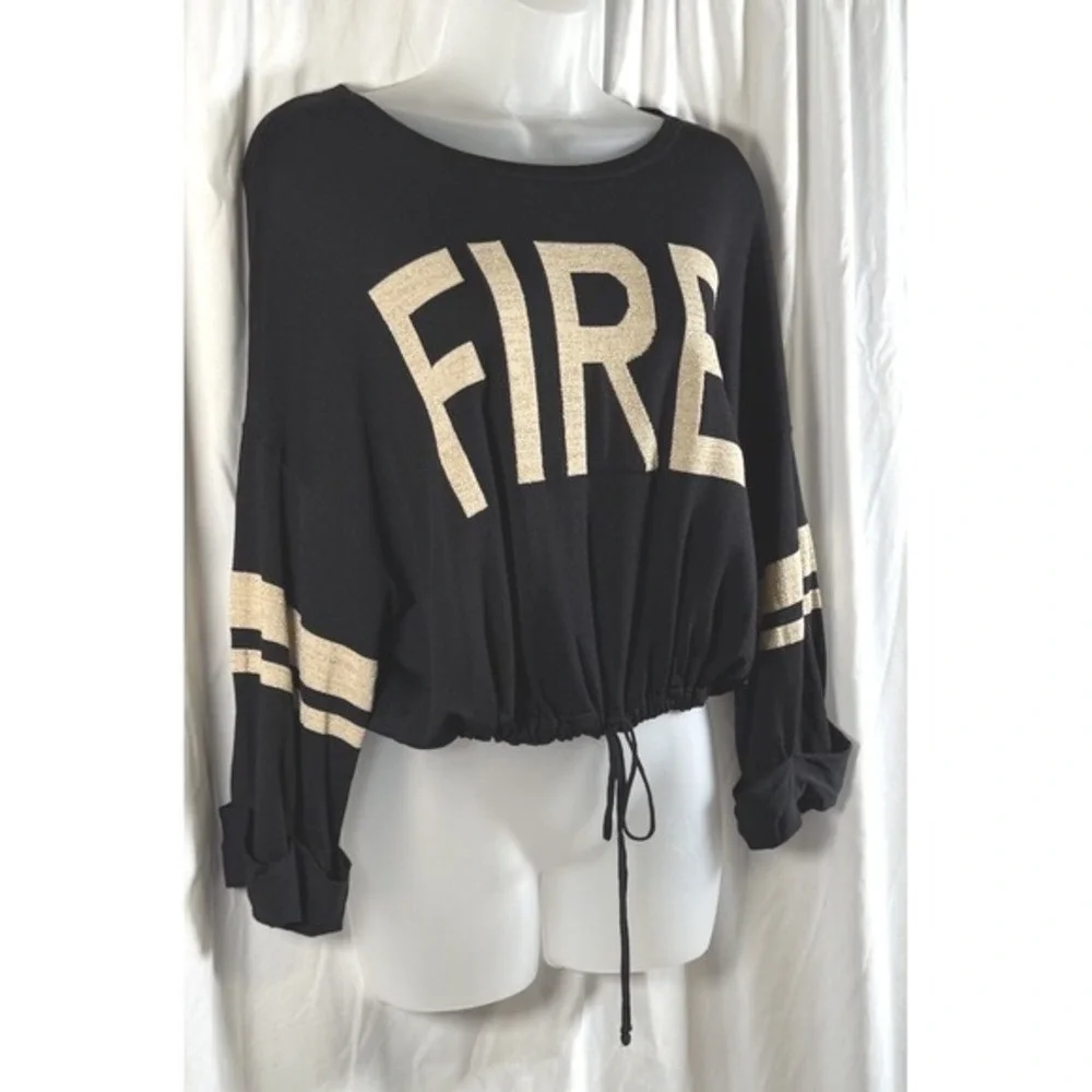 Gabrielle Union New York Co Black‎ FIRE Graphic Crop Top Sweater M Chic 84-39